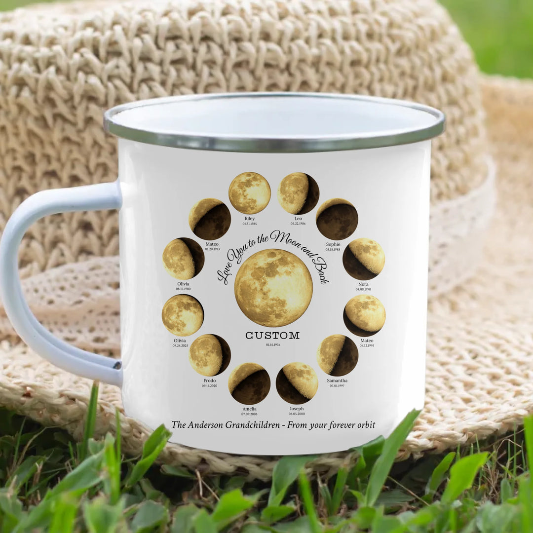 Custom moon phase mug with 1–12 names and dates in a circle design, personalized gift with central moon and message -enamel camping mug lifestyle-ARTFULANE