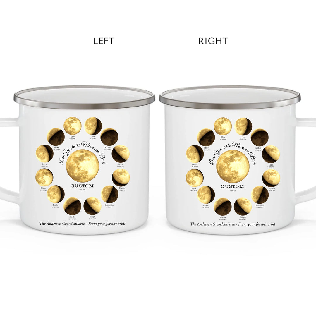 Custom moon phase mug with 1–12 names and dates in a circle design, personalized gift with central moon and message -enamel camping mug 2 views-ARTFULANE