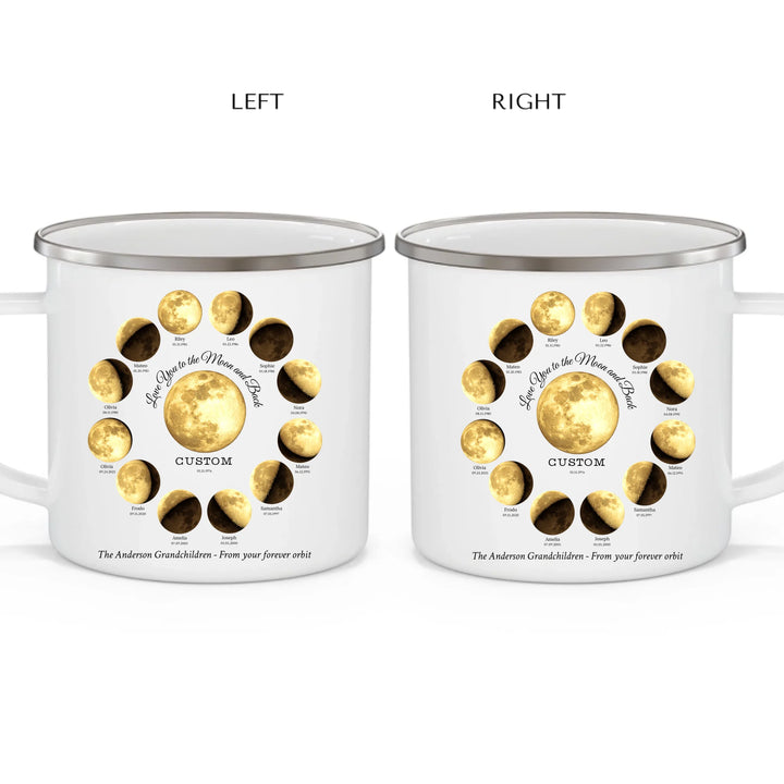 Custom moon phase mug with 1–12 names and dates in a circle design, personalized gift with central moon and message -enamel camping mug 2 views-ARTFULANE
