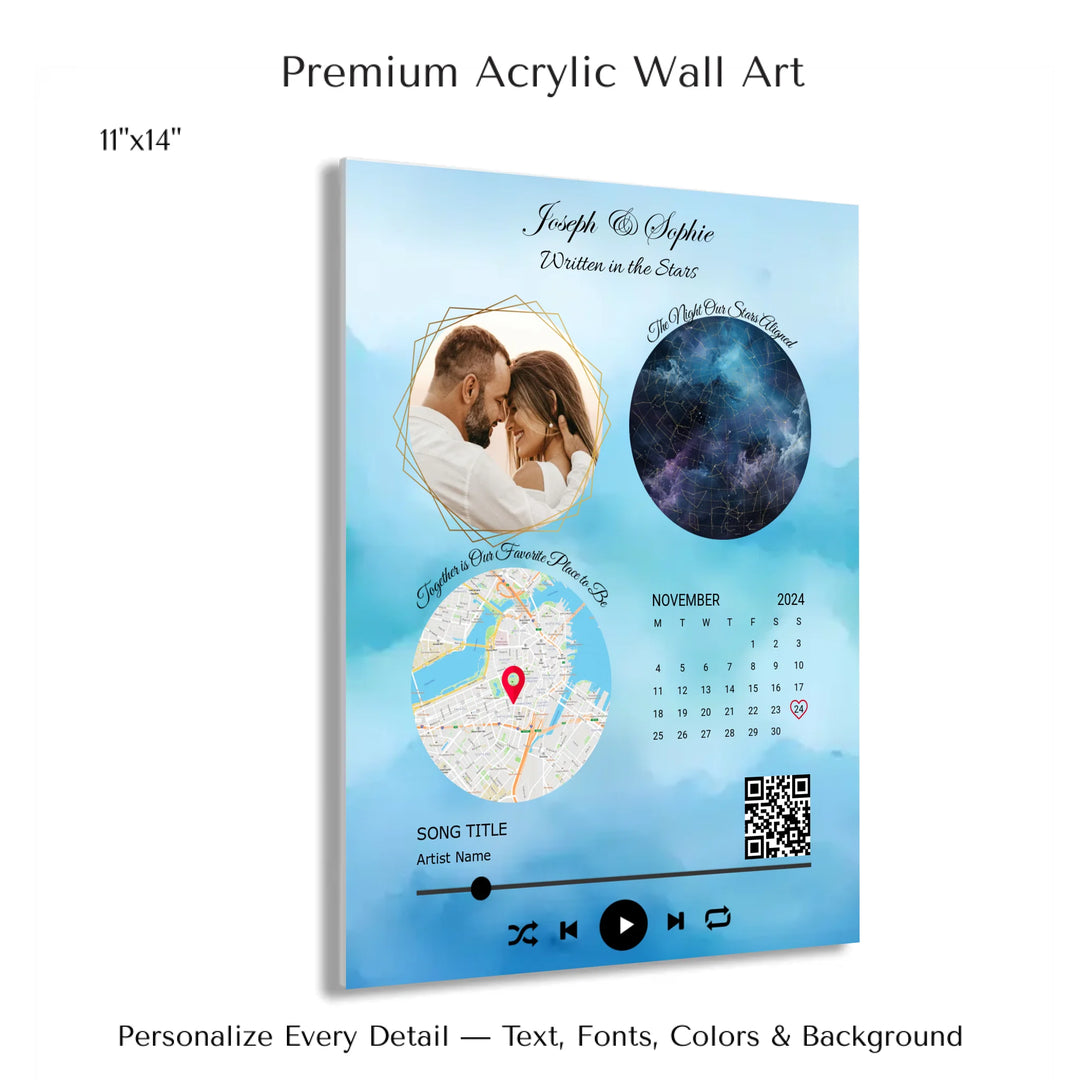 Framed custom couple wall art featuring a photo, star map, location map, special date calendar, QR code, and personalized song -11x14 acrylic print with french cleat-ARTFULANE