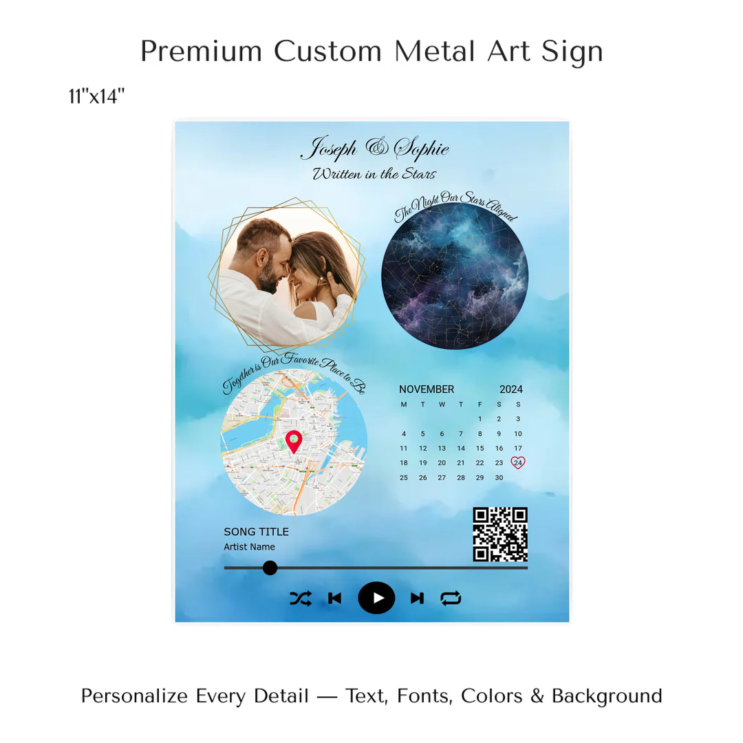 11Framed custom couple wall art featuring a photo, star map, location map, special date calendar, QR code, and personalized song -4 metal art sign-ARTFULANE