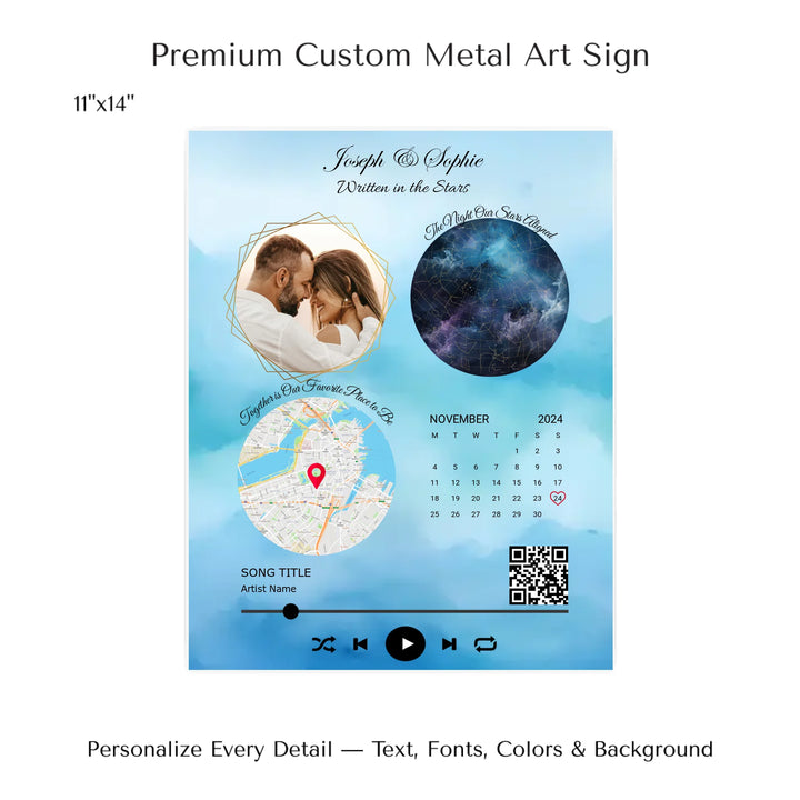 11Framed custom couple wall art featuring a photo, star map, location map, special date calendar, QR code, and personalized song -4 metal art sign-ARTFULANE