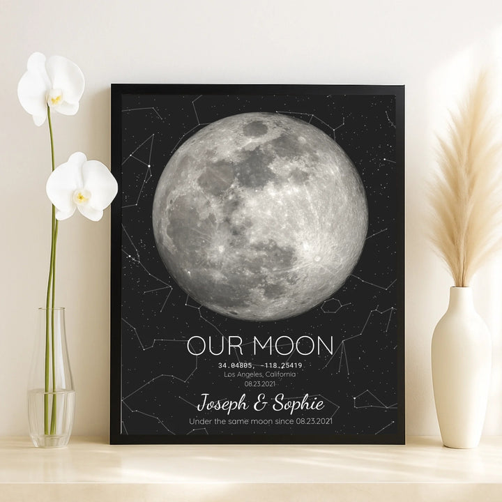 Custom Moon Phase & Star Map Wall Art -framed canvas on table-ARTFULANE