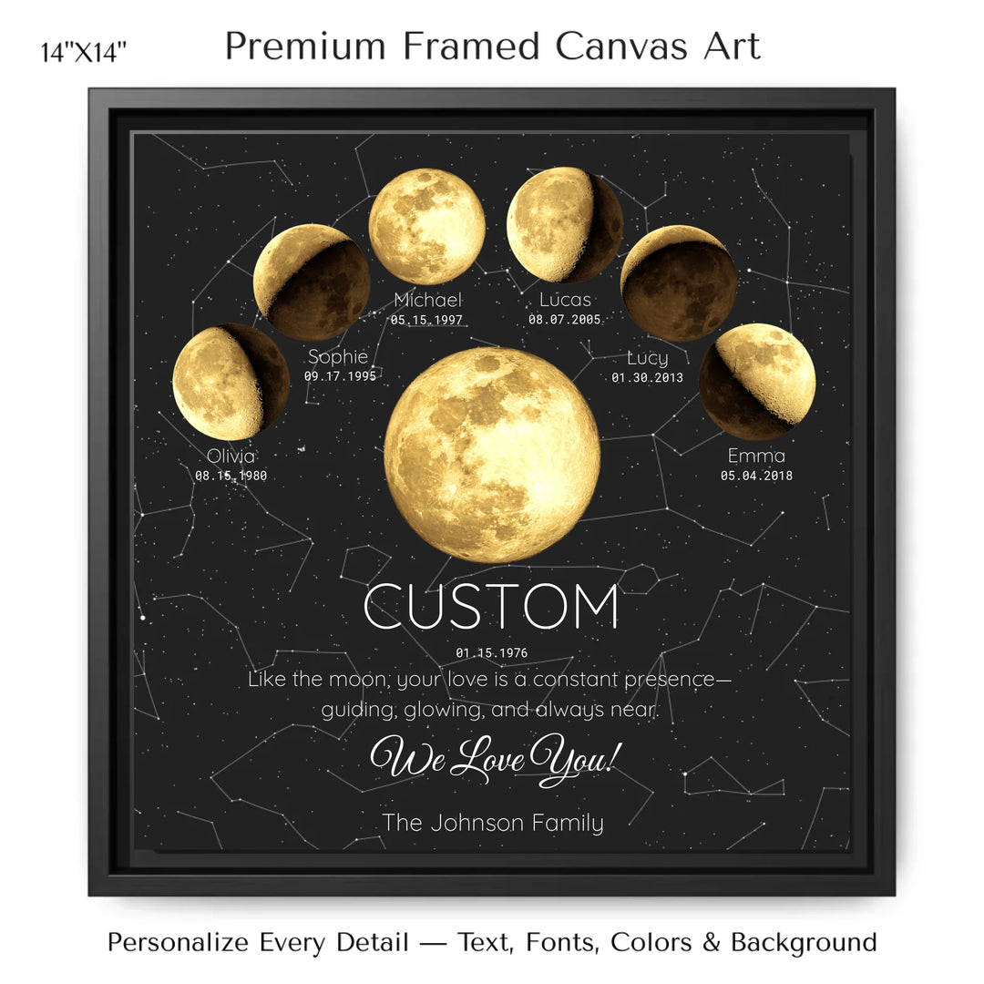 Custom Golden Moon Phase Parent Child Wall Art - 14x14 framed canvas-ARTFULANE