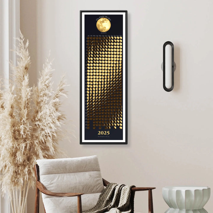 Custom Gold Moon Phase Calendar Wall Art -framed canvas in living room-ARTFULANE