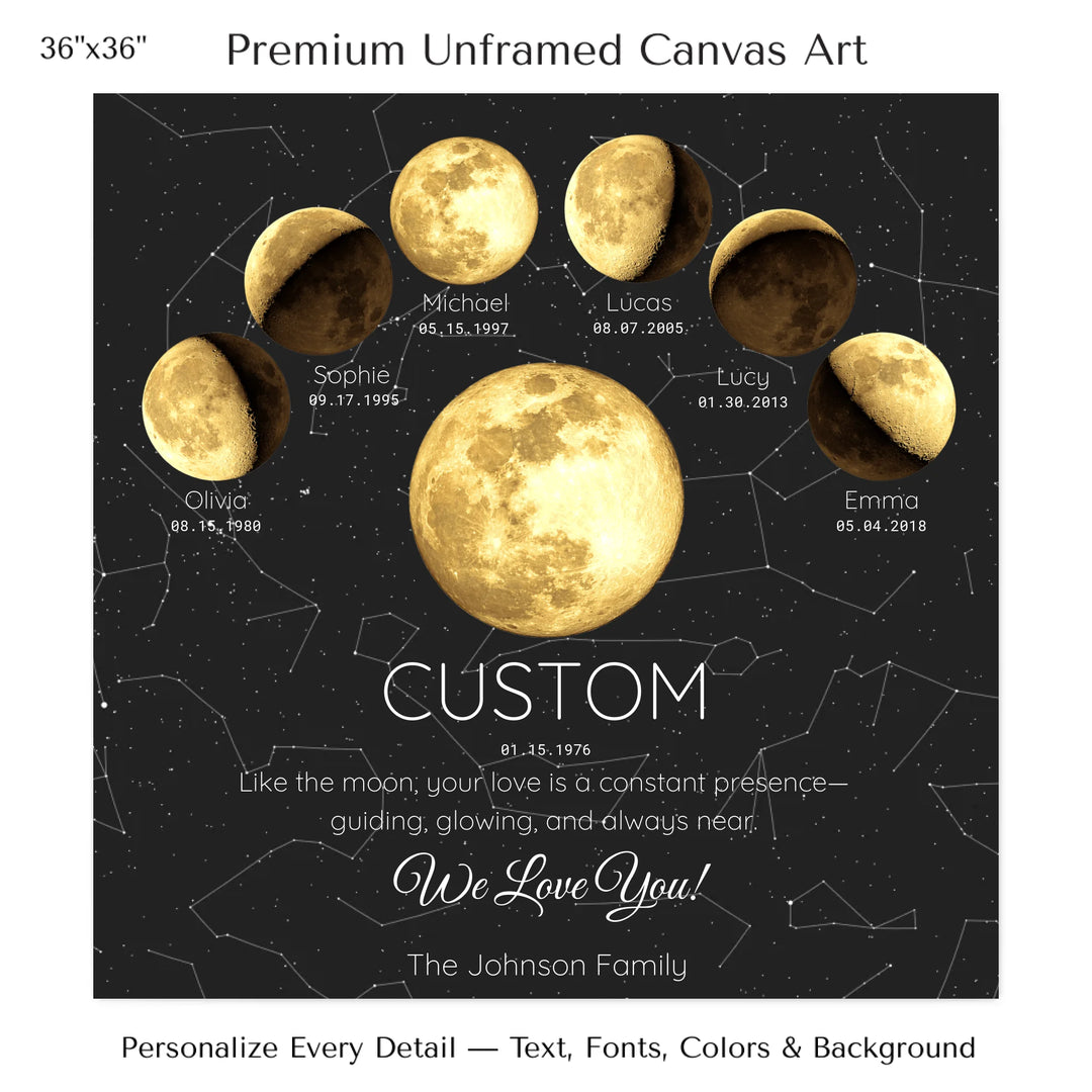 Custom Golden Moon Phase Parent Child Wall Art - 36x36 stretched canvas-ARTFULANE