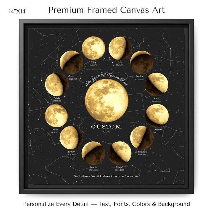 Custom Family Golden Moon Phase Wall Art - 14x14 framed canvas-ARTFULANE