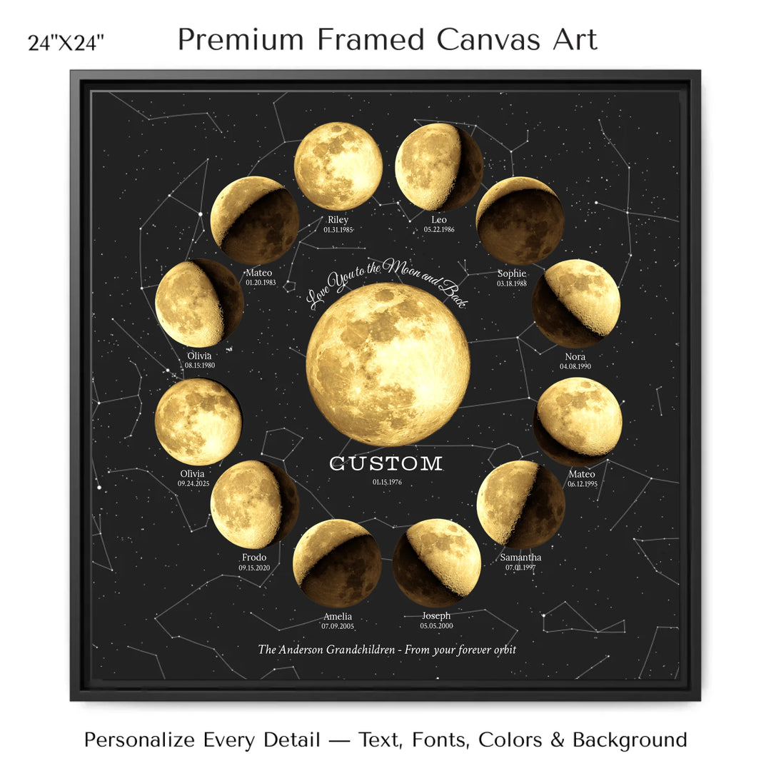Custom Family Golden Moon Phase Wall Art - 24x24 framed canvas-ARTFULANE