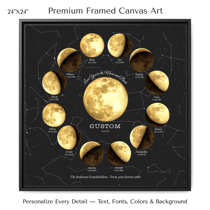 Custom Family Golden Moon Phase Wall Art - 24x24 framed canvas-ARTFULANE