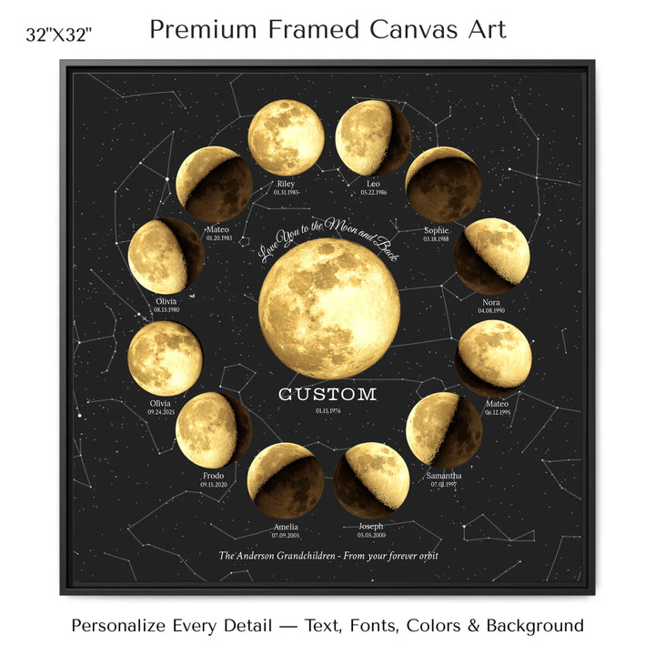 Custom Family Golden Moon Phase Wall Art - 32x32 framed canvas-ARTFULANE