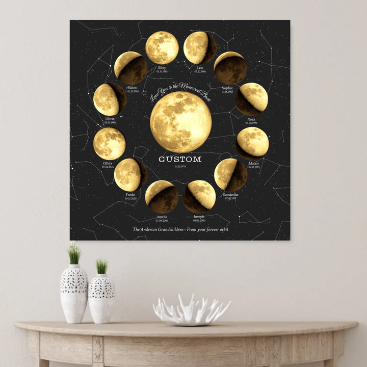 Custom Family Golden Moon Phase Wall Art - unframed canvas on wall-ARTFULANE