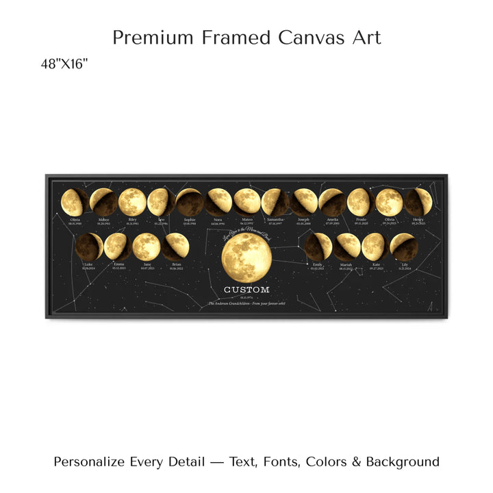 Custom Family Golden Moon Phase Wall Art - 48x16 framed canvas-ARTFULANE