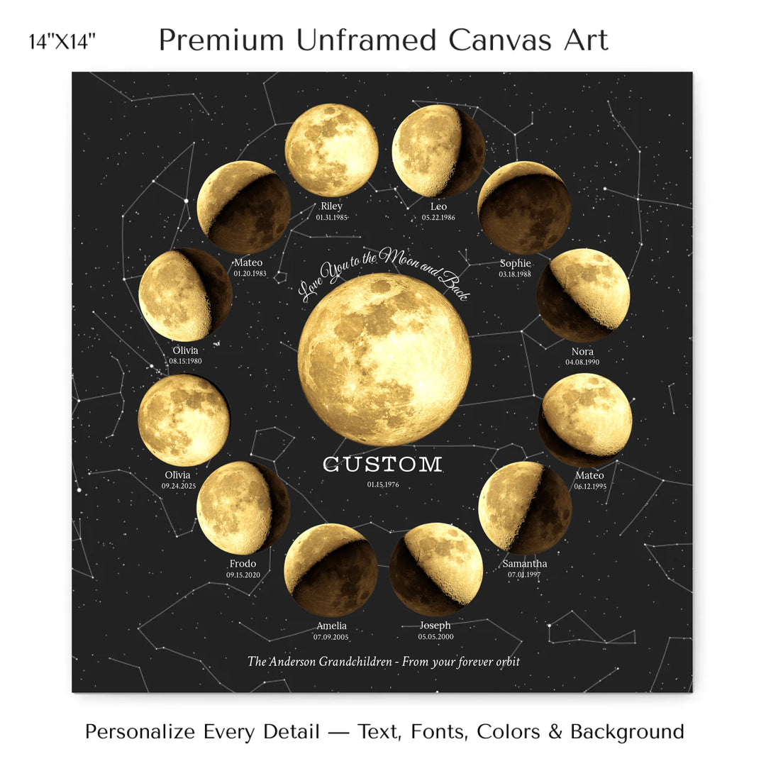 Custom Family Golden Moon Phase Wall Art - 14x14 stretched canvas-ARTFULANE