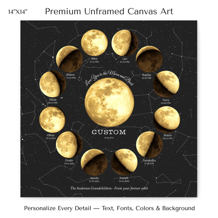 Custom Family Golden Moon Phase Wall Art - 14x14 stretched canvas-ARTFULANE