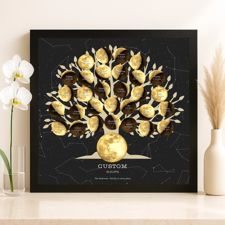 Custom Golden Moon Phase Family Tree Wall Art - framed canvas on shelf-ARTFULANE