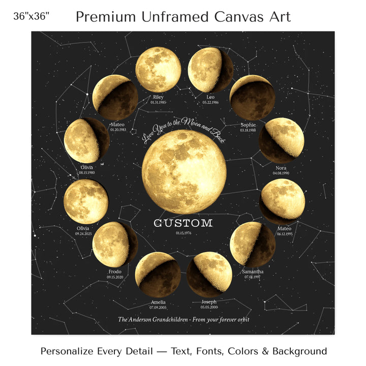 Custom Family Golden Moon Phase Wall Art - 36x36 stretched canvas-ARTFULANE