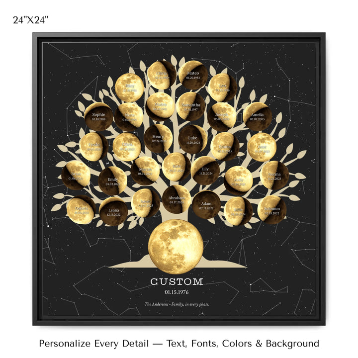 Custom Golden Moon Phase Family Tree Wall Art - 24x24 framed canvas-ARTFULANE