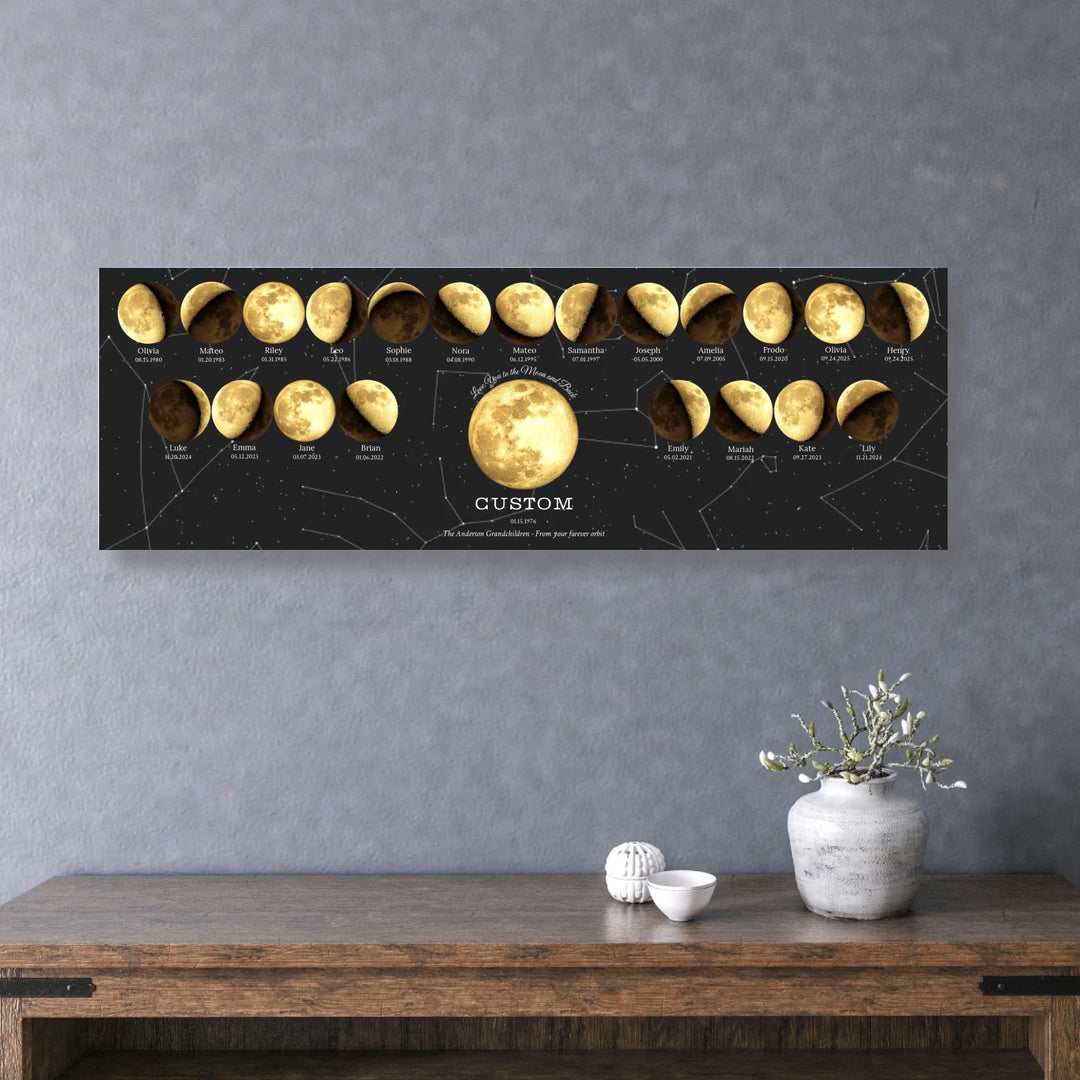 Custom Family Golden Moon Phase Wall Art - unframed stretched horizontal canvas on wall-ARTFULANE
