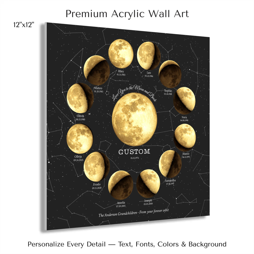 Custom Family Golden Moon Phase Wall Art - 12x12 acrylic print with french cleat-ARTFULANE