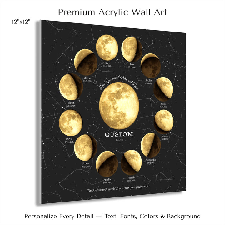 Custom Family Golden Moon Phase Wall Art - 12x12 acrylic print with french cleat-ARTFULANE