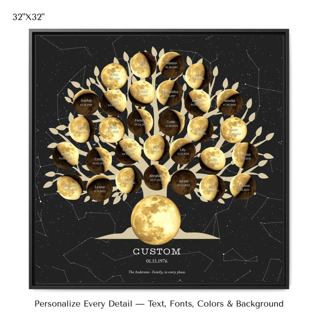Custom Golden Moon Phase Family Tree Wall Art - 32x32 framed canvas-ARTFULANE