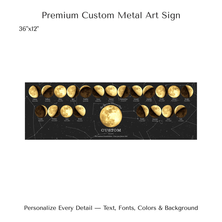 Custom Family Golden Moon Phase Wall Art - 36x12 metal art sign-ARTFULANE