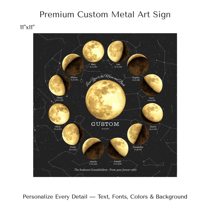 Custom Family Golden Moon Phase Wall Art - 11x11 metal art sign-ARTFULANE