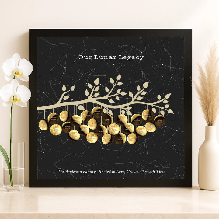 Custom Golden Moon Phase Family Tree Branch Wall Art -framed canvas on shelf-ARTFULANE