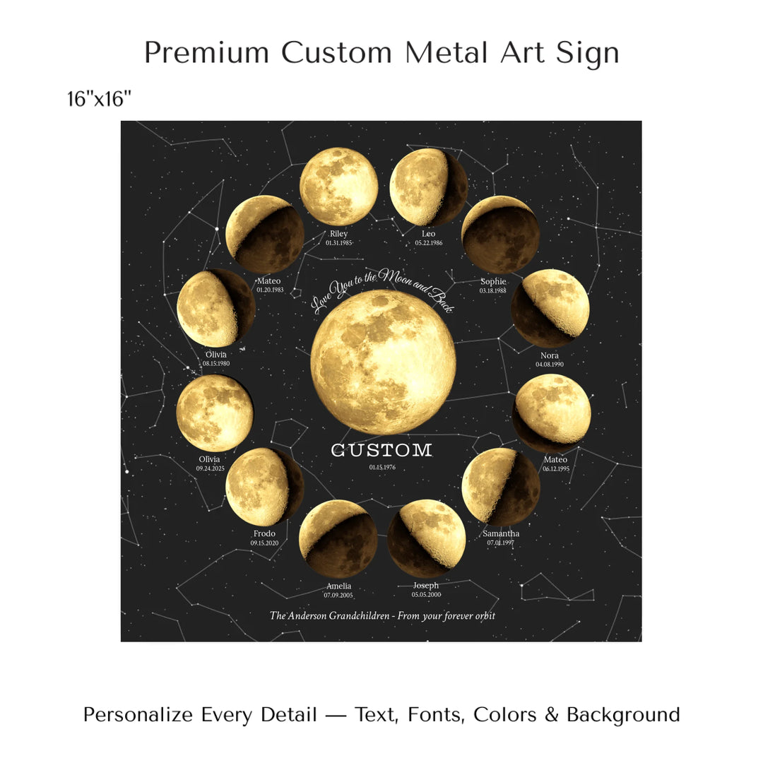 Custom Family Golden Moon Phase Wall Art - 16x16 metal art sign-ARTFULANE