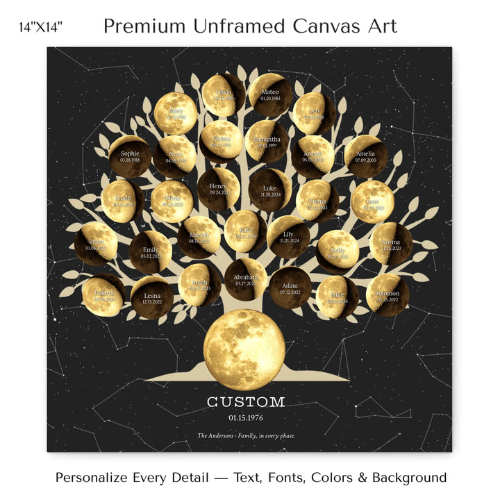 Custom Golden Moon Phase Family Tree Wall Art - 14x14 stretched canvas-ARTFULANE