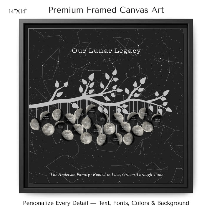 Custom Silver Moon Phase Family Tree Branch Wall Art -14x14 framed canvas-ARTFULANE