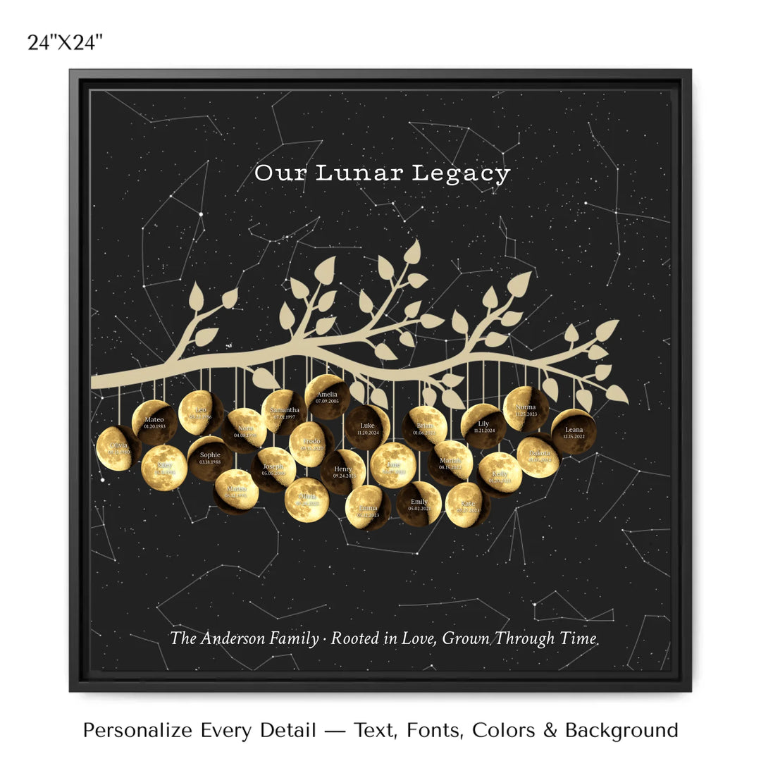Custom Golden Moon Phase Family Tree Branch Wall Art -24x24 framed canvas-ARTFULANE