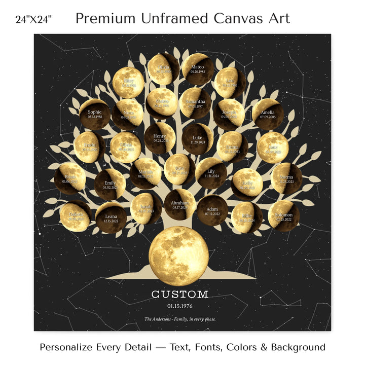 Custom Golden Moon Phase Family Tree Wall Art - 24x24 stretched canvas-ARTFULANE