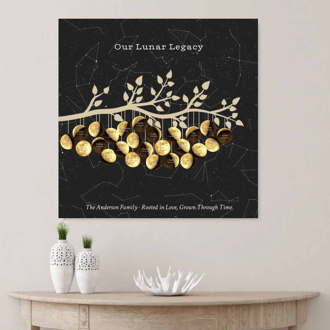 Custom Golden Moon Phase Family Tree Branch Wall Art -unframed canvas on wall-ARTFULANE