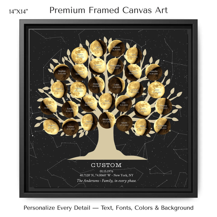 Custom Golden Moon Phase Family Tree Wall Art -14x14 framed canvas-ARTFULANE