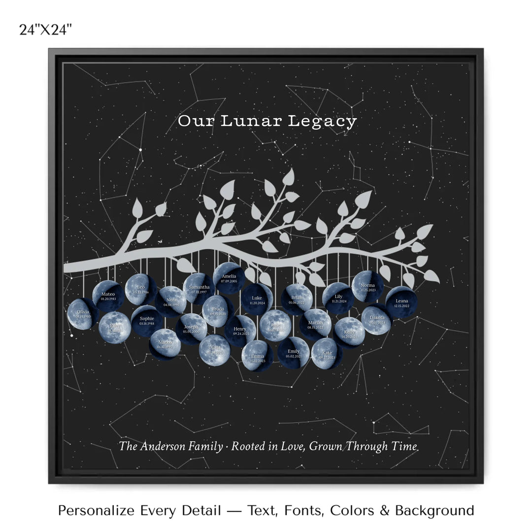 Custom Blue Moon Phase Family Tree Branch Wall Art -24x24 framed canvas-ARTFULANE