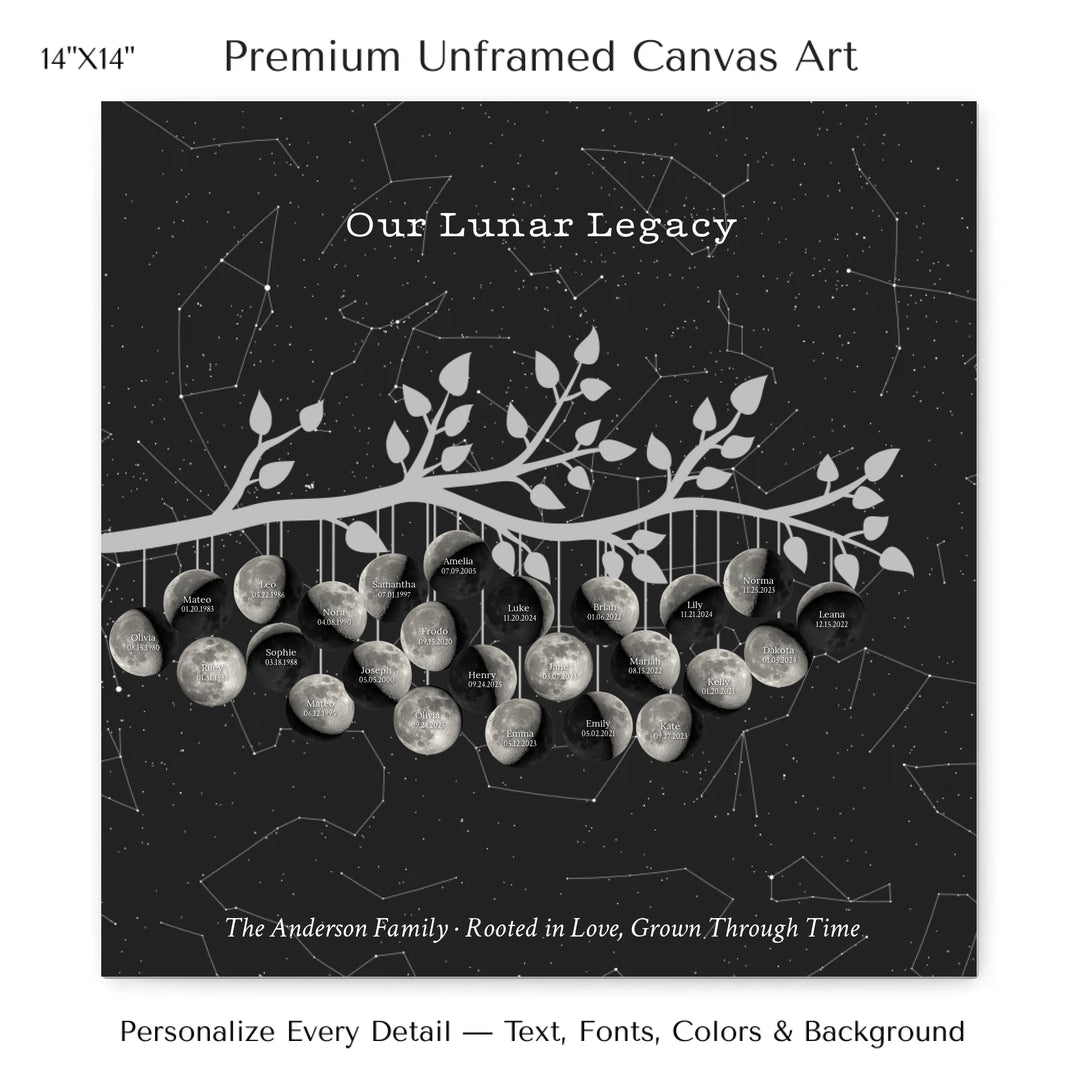 Custom Silver Moon Phase Family Tree Branch Wall Art -14x14 stretched canvas-ARTFULANE
