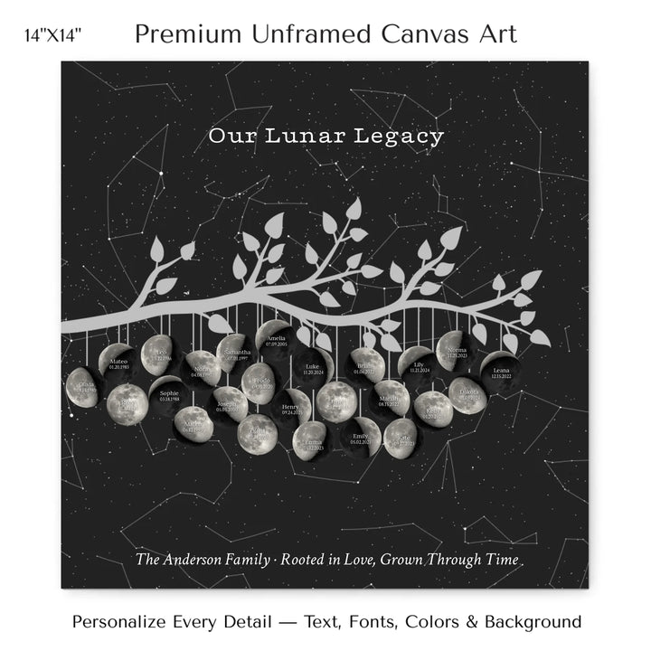 Custom Silver Moon Phase Family Tree Branch Wall Art -14x14 stretched canvas-ARTFULANE