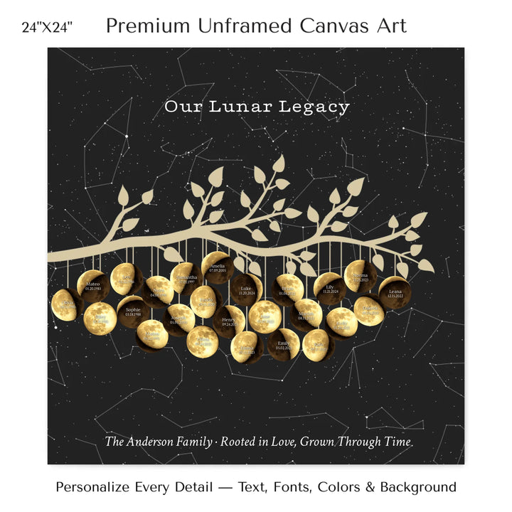 Custom Golden Moon Phase Family Tree Branch Wall Art -24x24 stretched canvas-ARTFULANE