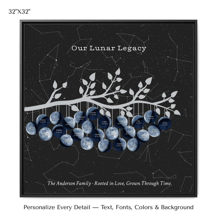 Custom Blue Moon Phase Family Tree Branch Wall Art -32x32 framed canvas-ARTFULANE
