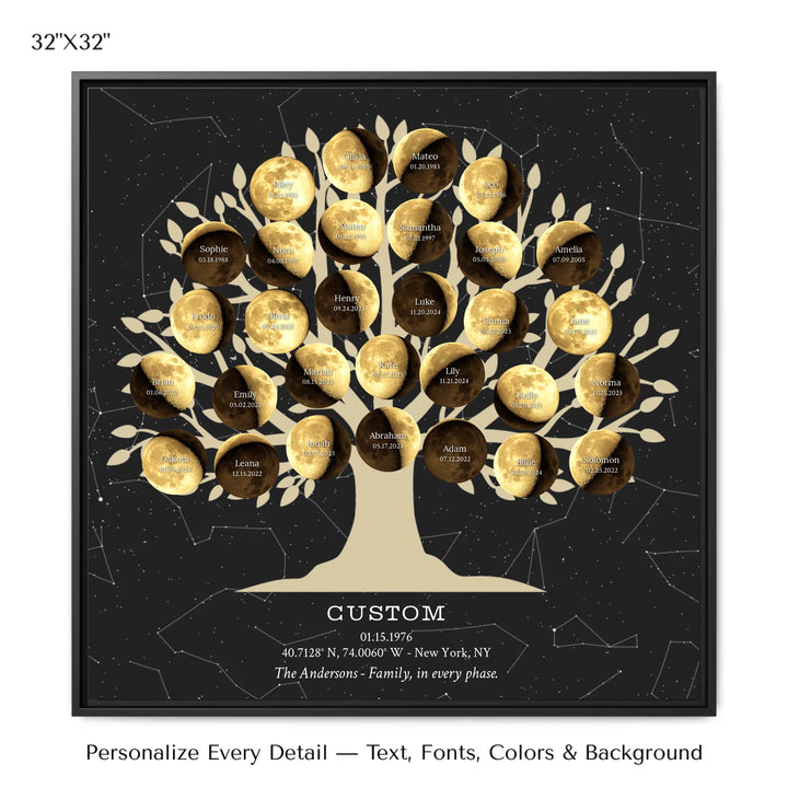 Custom Golden Moon Phase Family Tree Wall Art -32x32 framed canvas-ARTFULANE