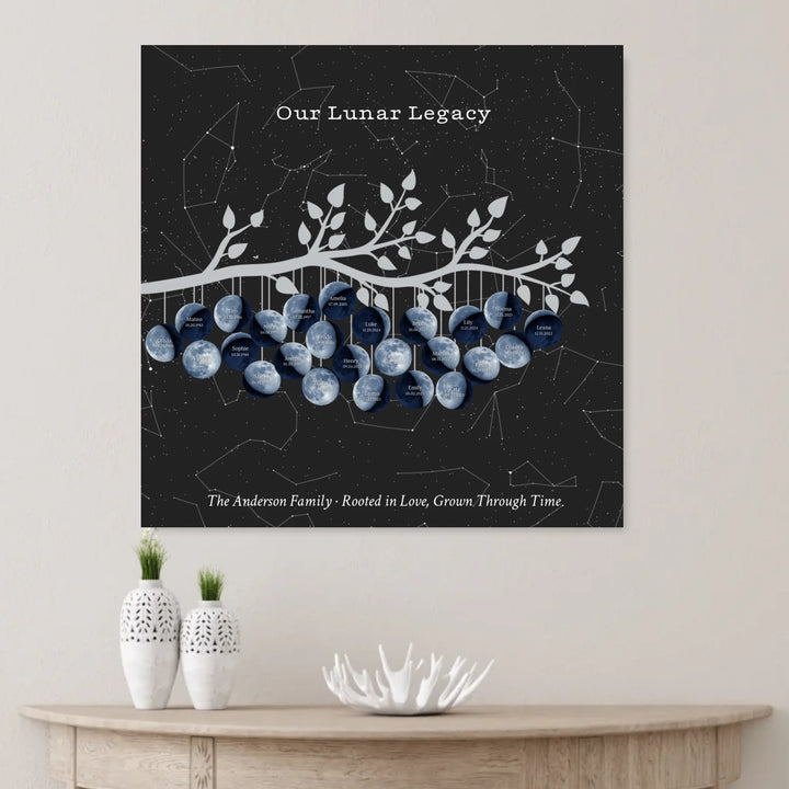Custom Blue Moon Phase Family Tree Branch Wall Art - unframed canvas on wall-ARTFULANE