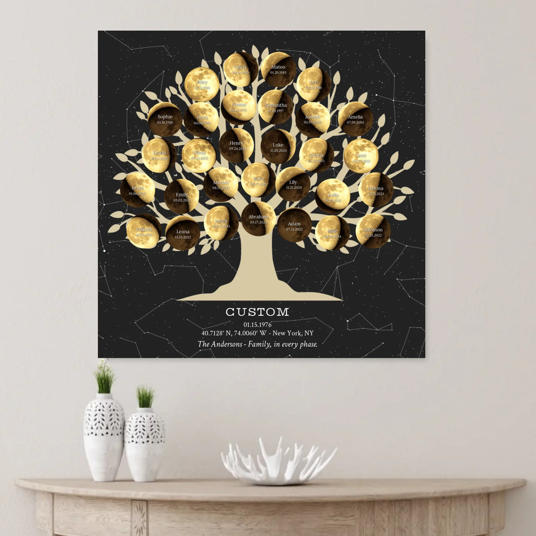 Custom Golden Moon Phase Family Tree Wall Art - unframed canvas on wall-ARTFULANE