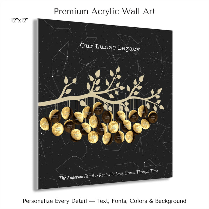 Custom Golden Moon Phase Family Tree Branch Wall Art -12x12 acrylic print with french cleat-ARTFULANE