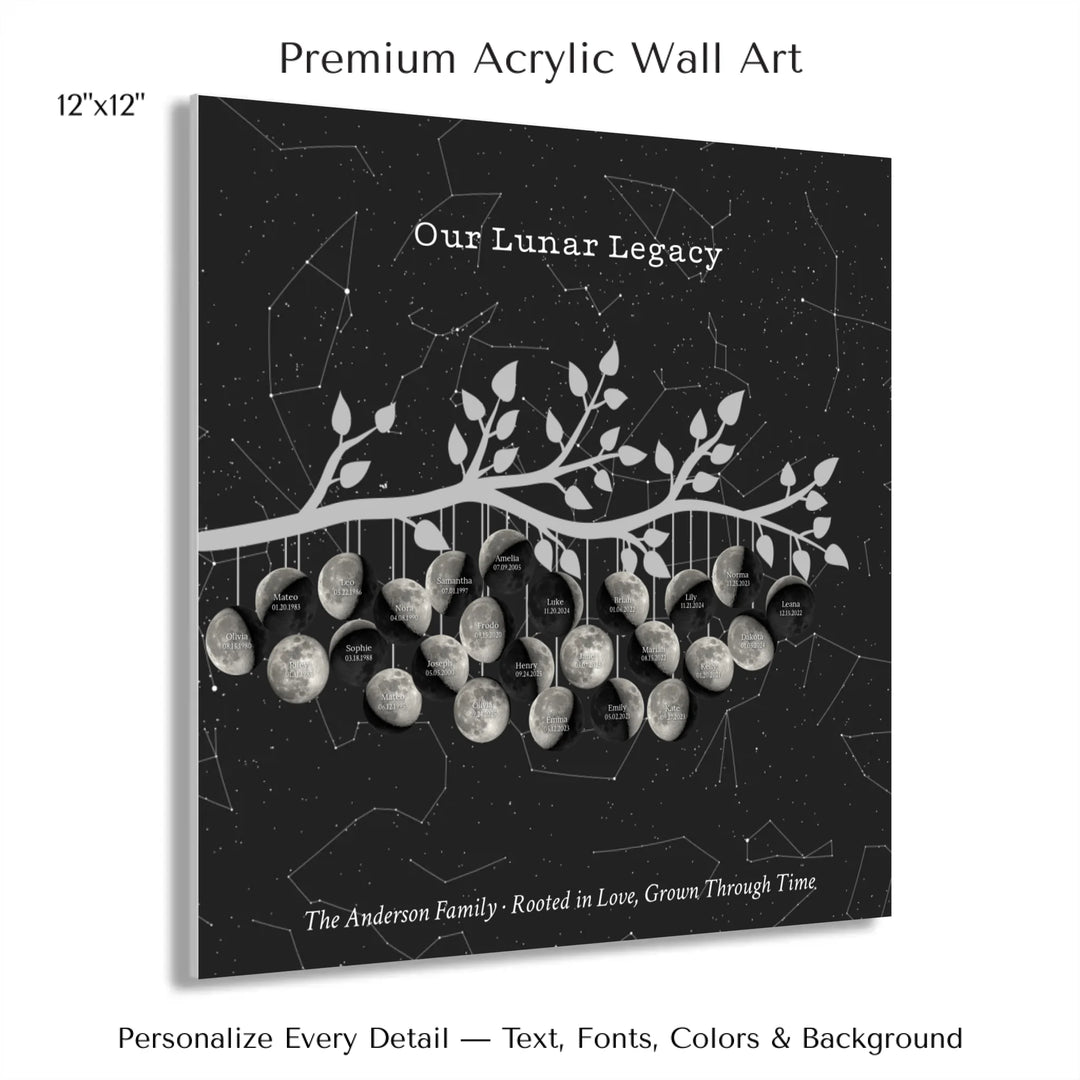 Custom Silver Moon Phase Family Tree Branch Wall Art -12x12 acrylic print with french cleat-ARTFULANE