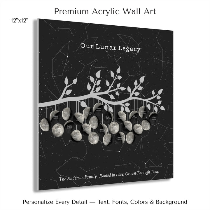 Custom Silver Moon Phase Family Tree Branch Wall Art -12x12 acrylic print with french cleat-ARTFULANE