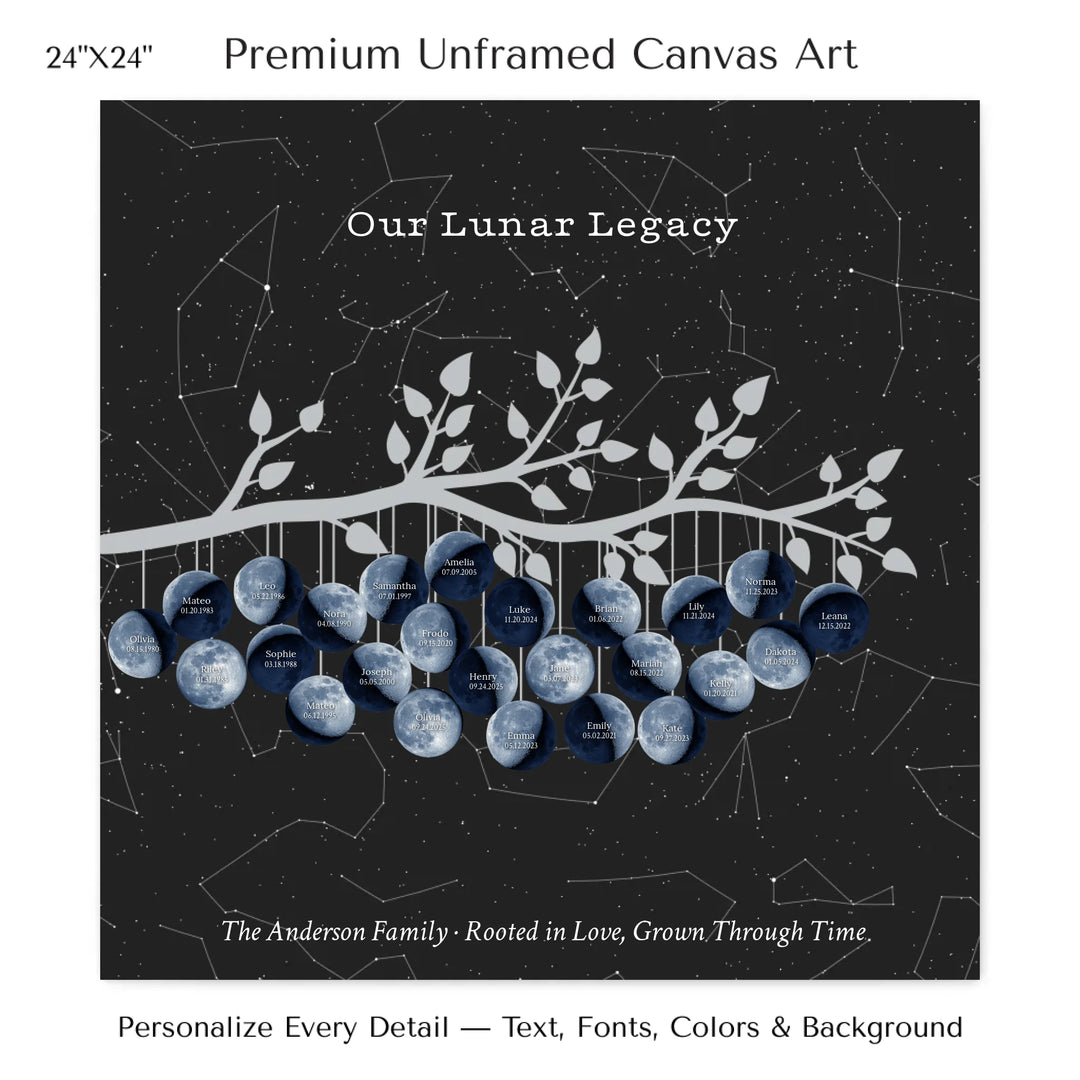 Custom Blue Moon Phase Family Tree Branch Wall Art -24x24 stretched canvas-ARTFULANE