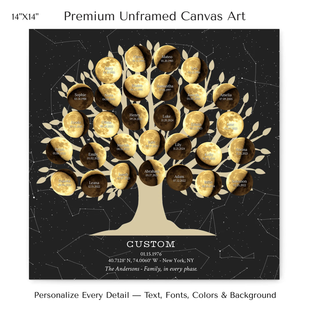 Custom Golden Moon Phase Family Tree Wall Art -14x14 stretched canvas-ARTFULANE