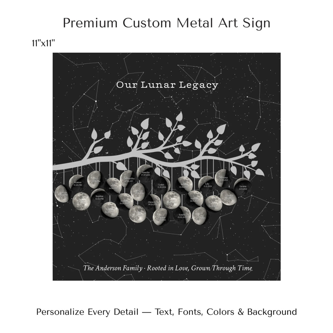 Custom Silver Moon Phase Family Tree Branch Wall Art -11x11 metal art sign-ARTFULANE