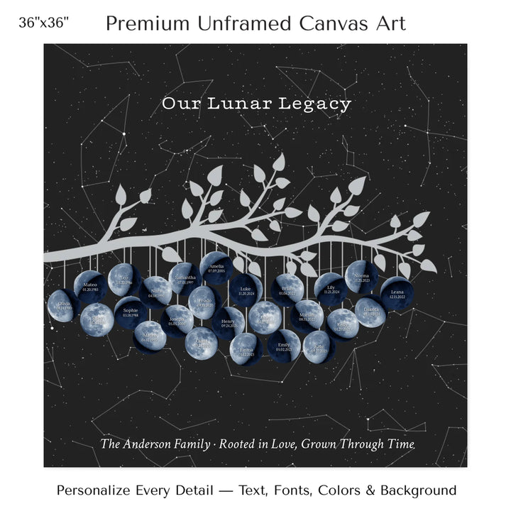 Custom Blue Moon Phase Family Tree Branch Wall Art -36x36 stretched canvas-ARTFULANE